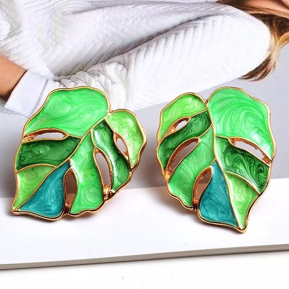 Monstera Tropical leaf earrings enamel boho chic - Picture 2 of 6